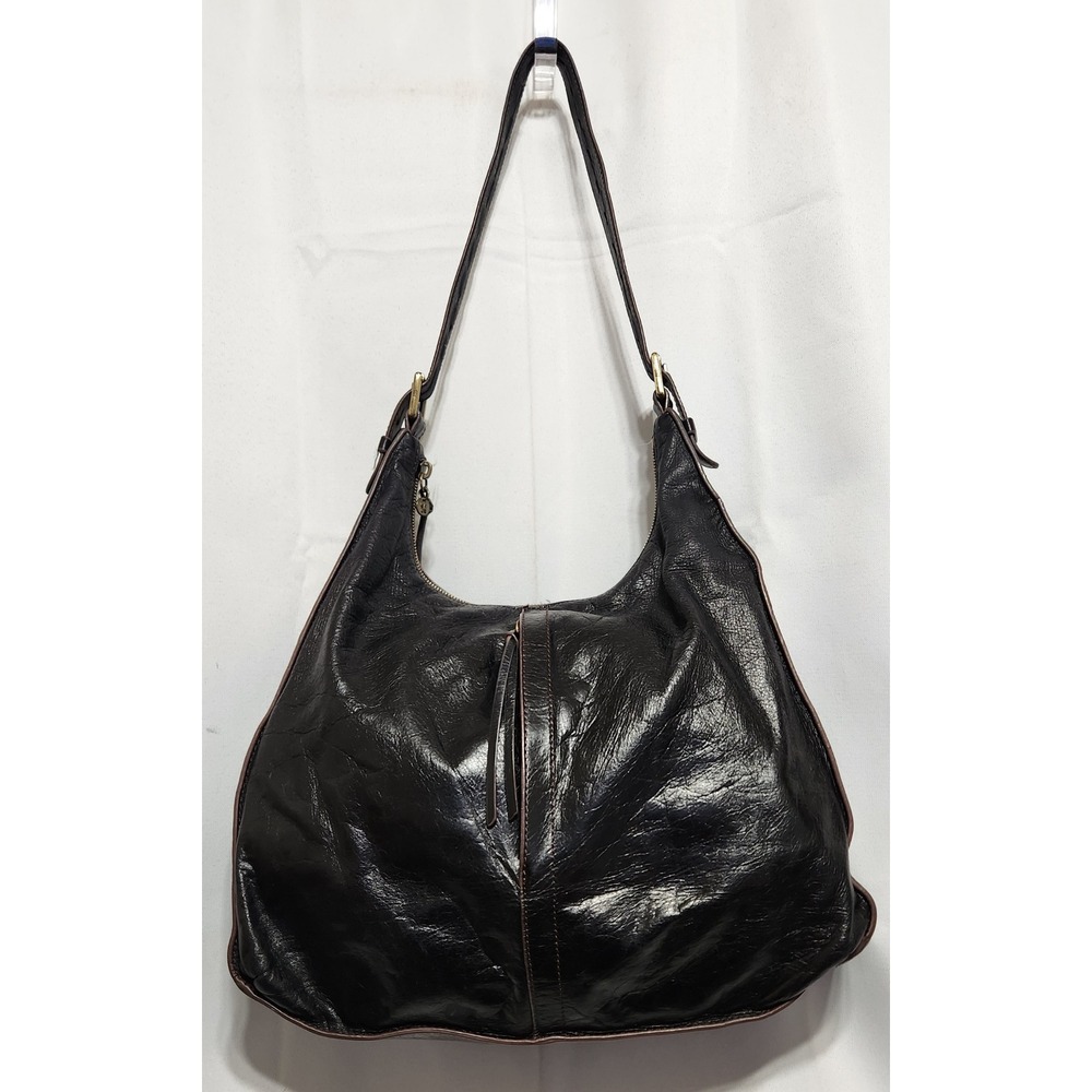 Hobo Marley Black Leather Shoulder Bag Floral Lining Brass Hardware Hobo